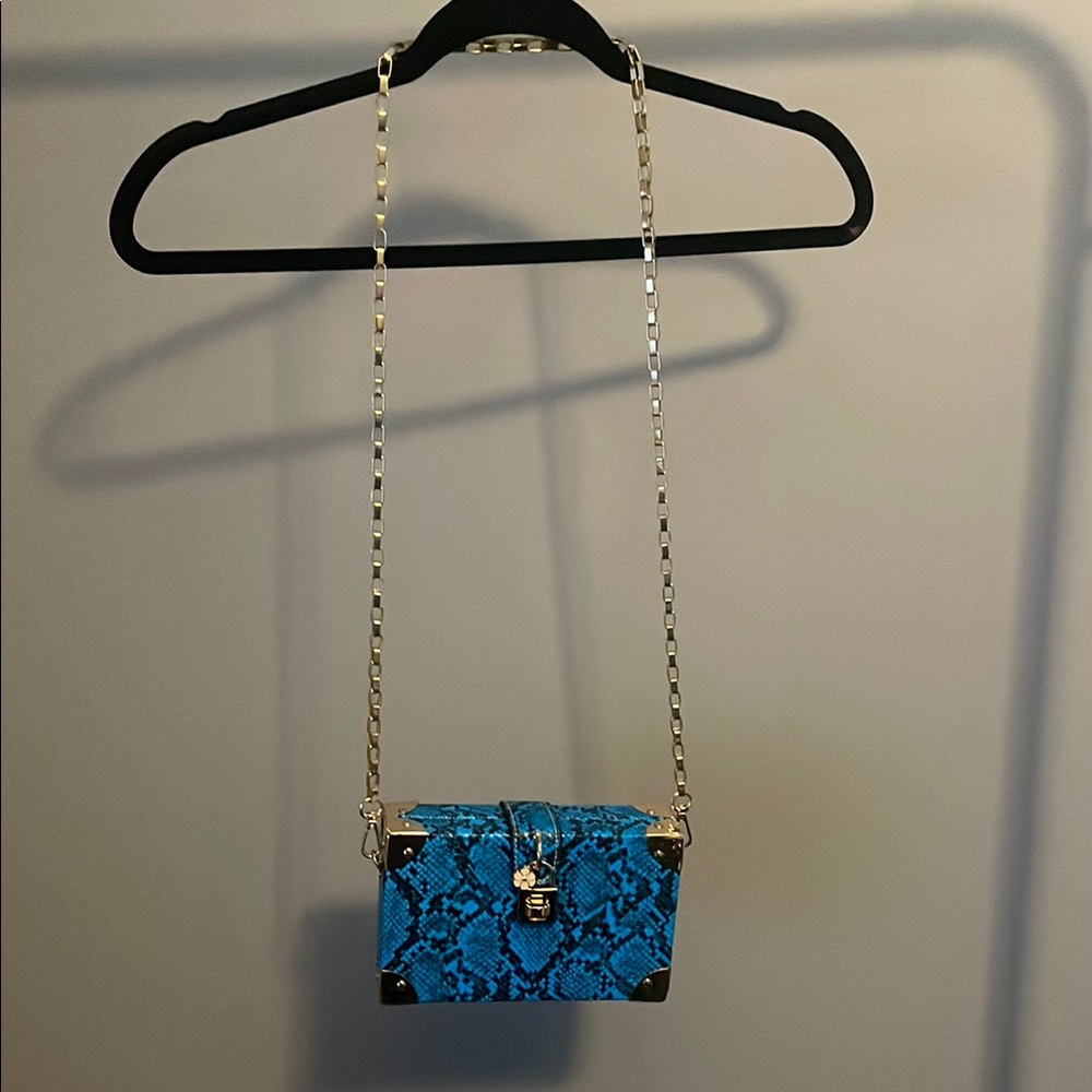Blue Snakeskin Crossbody Bag with Gold Chain